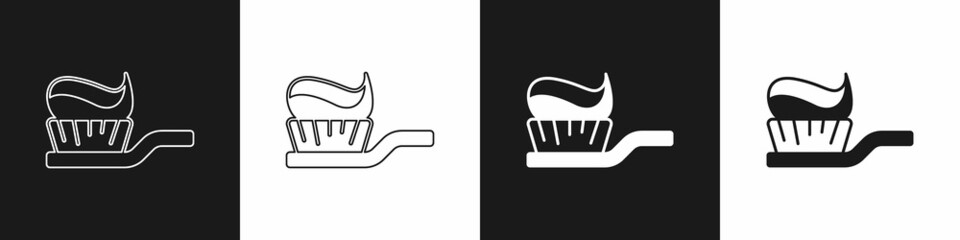 Set Toothbrush with toothpaste icon isolated on black and white background. Vector