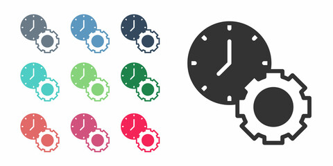 Black Time management icon isolated on white background. Clock and gear sign. Productivity symbol. Set icons colorful. Vector
