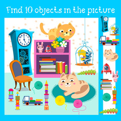 Kittens and balls of thread in room. Characters in cartoon style with background. Find 10 objects. Game for children. Vector full color illustration.