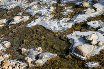 Close up detail of frozen ice in stream during the winter