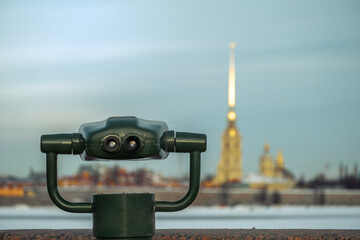 Binoculars on the observation deck in the city