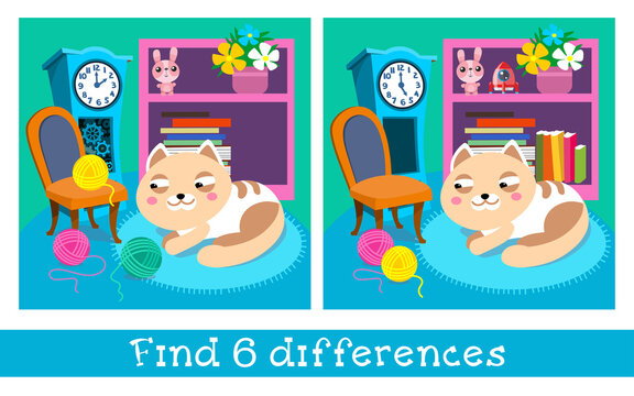 Kitten and balls of thread in room. Characters in cartoon style with background. Find 6 differences. Game for children. Vector full color illustration.
