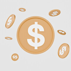 3D Dollar coin falling isolated on white background. forex and currency Concept, usd icon 3d rendering.