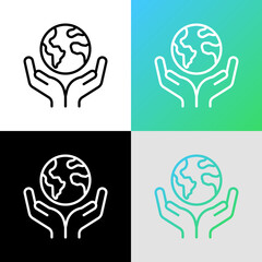 Save planet. Hands holding planet Earth. Environmental economics, social responsibility for nature. Thin line icon. Vector illustration. - obrazy, fototapety, plakaty