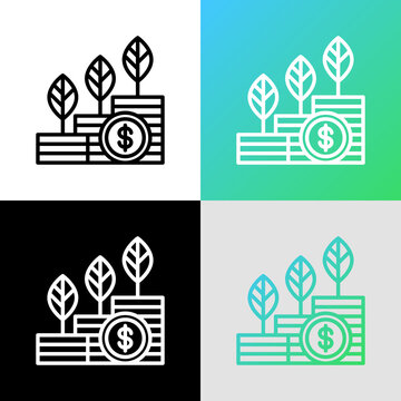 Green economy growth thin line icon. Sprouts are sprouted through stacks of coins. Circular economy, renewable resources. Vector illustration for environmental issues.