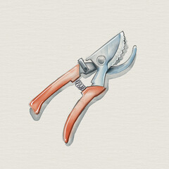 Garden scissors, secateurs, pruner, care and pruning of plants, illustration in watercolor technique, for postcards or design highlights and other
