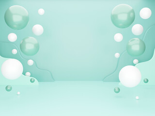 3D green and white pastel sphere ball on emerald background. header pattern for banner website, turquoise glossy bubbles. Empty showcase for cosmetic product. 3D rendering.
