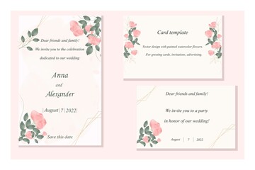 Fototapeta premium Invitation and holiday card templates. A set of postcards for weddings, greetings, events. Vector design with soft pink roses and foliage.