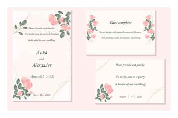 Invitation and holiday card templates. A set of postcards for weddings, greetings, events. Vector design with soft pink roses and foliage.