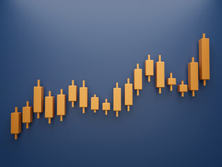 3D Gold Candle stick Chart isolated on blue background, financial and stock markets, Minimal concept trading crypto currency, investment trading, exchange, forex, financial, index, Bullish.