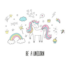 Cute cartoon character unicorn and set of design elements. Vector print. Unicorn and magic