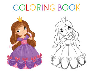 Coloring book for children. Cute little girl and princess in a pink beautiful dress. Vector illustration in a cartoon style