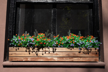 Fototapeta na wymiar Window Sill Flower Box during the Summer in the East Village of New York City
