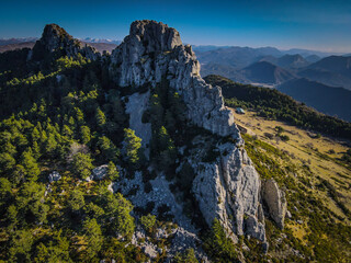 Aerial view of rock formation ridges in the French Alps in the south of France