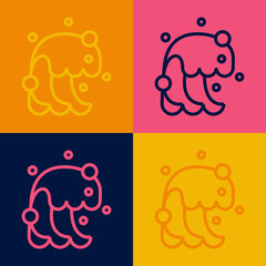 Pop art line Tsunami icon isolated on color background. Flood disaster. Stormy weather by seaside, ocean or sea wave or tsunami. Vector