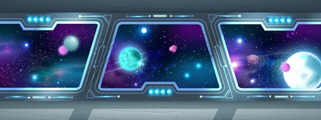 Space ship interior background, futuristic shuttle view, planets, spaceship station panoramic window. Galaxy universe illustration, sci-fi game rocket room concept, stars neon blue sky. Spaceship hall © Oleksandra