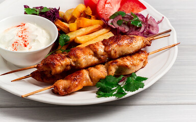 Arabic traditional cuisine, Shish tawk with potatoes and red cabbage salad, homemade, no people,