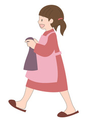 イラスト素材：エプロンをして笑顔でタオルを運ぶお手伝いをする女の子