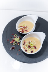 leak cream jam cheese soup, design white