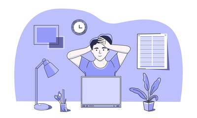Sedentary work. Physical fatigue in the workplace. The character holds his hands behind his head. Pain in the neck. Tension. Massage of the head. Vector. The fashionable color purple. Trend. Cartoon.