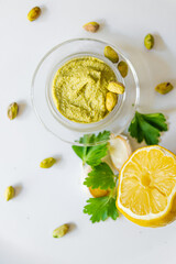 olive pistachio paste lemon glass