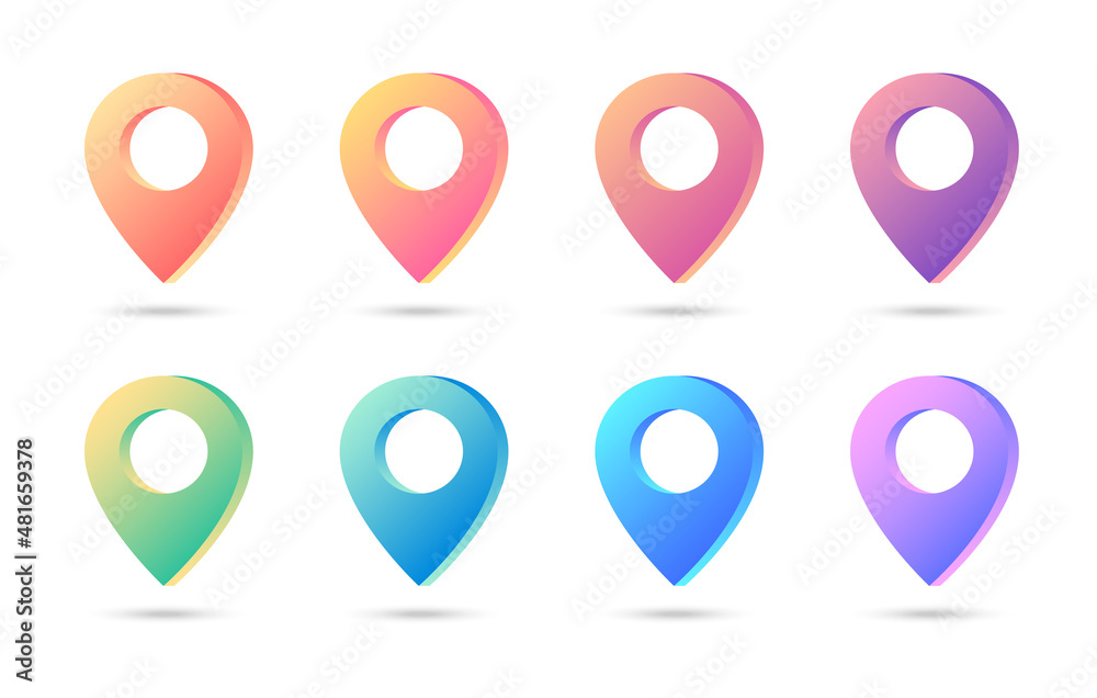 Poster set of 3d bright map pointers. marker for maps. gradient colored map pointers. location symbols. vec