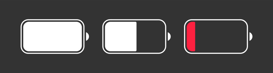 Battery charge indicator icons. Phone charge level, collection of charge power. Discharged and fully charged battery. Battery charge from high to low. Vector Illustration.