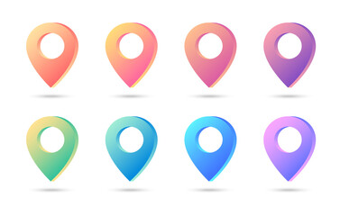 Set of 3D bright map pointers. Marker for maps. Gradient colored map pointers. Location symbols. Vector illustration. - obrazy, fototapety, plakaty