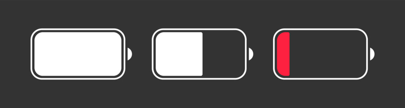 Battery charge indicator icons. Phone charge level, collection of charge power. Discharged and fully charged battery. Battery charge from high to low. Vector Illustration.