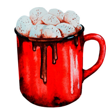 recommend clip art: Red mug with hot drink and marshmallow. Watercolor illustration for postcards, posters, stationery and others. Love concept.