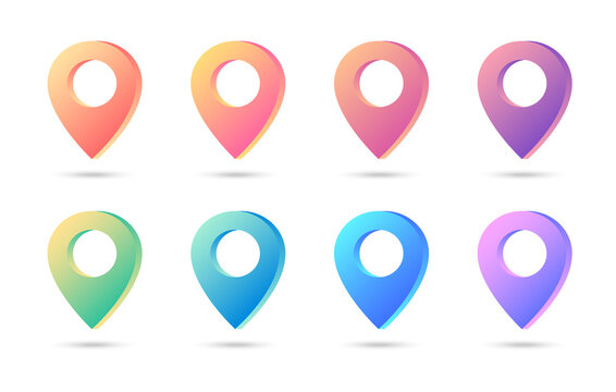Set of 3D bright map pointers. Marker for maps. Gradient colored map pointers. Location symbols. Vector illustration.