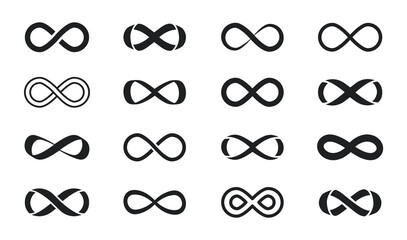 Infinity symbol set. Infinity icons. Endless logo of various shapes. Unlimited cyclicity. Vector illustration.