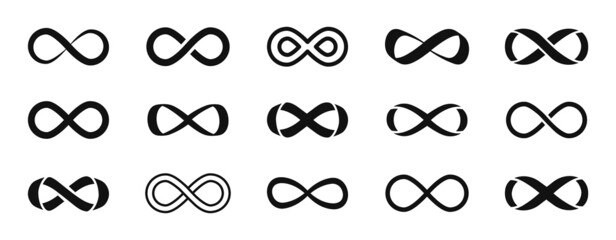 Infinity symbol set. Infinity icons. Endless logo of various shapes. Unlimited cyclicity. Vector illustration.