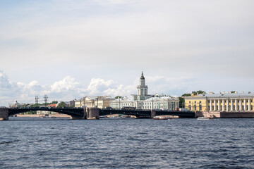 Saint-Petersburg, Russia. - August 11, 2021. View of historical buildings with museums, bridge and Neva river