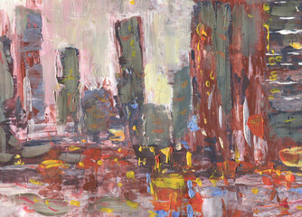 Urban landscape depicts city in evening at sunset with silhouettes of high-rise buildings  with red and yellow lights. Original painting painted with oil paints on paper.