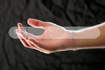 technology concept Internet browser search bar on male hand, press the virtual search button. on...