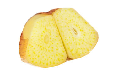 Cross section of two garlic cloves in white background