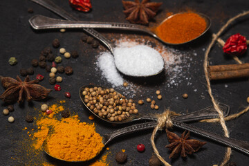 Spices on a black background. Spoons with different spices on a dark surface. traditional spices