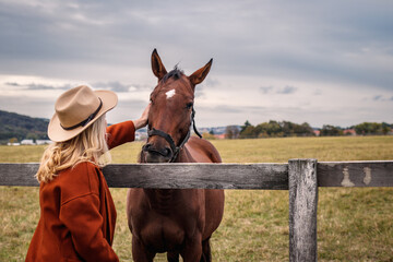 Woman wearing cowboy hat stroking her horse at ranch. Cowgirl at pasture in animal farm. Friendship between people and horse - obrazy, fototapety, plakaty