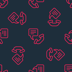 Red line Telephone 24 hours support icon isolated seamless pattern on black background. All-day customer support call-center. Full time call services. Vector