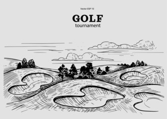 Golf course. Sketch vector illustration. Golf club, golf tournament - obrazy, fototapety, plakaty