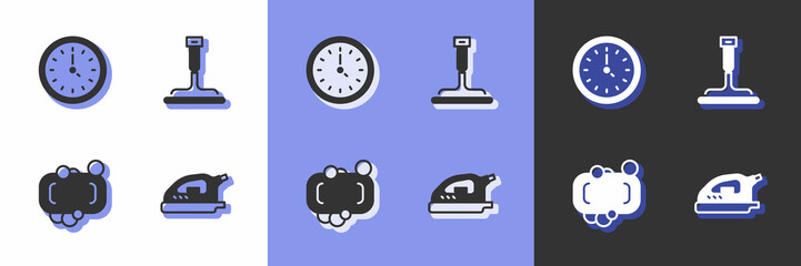 Set Electric iron, Clock, Bar of soap and Rubber cleaner for windows icon. Vector