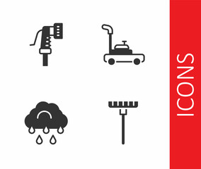 Set Garden rake, hose, Cloud with rain and Lawn mower icon. Vector