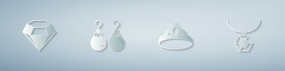 Set Diamond, Earrings, King crown and Pendant necklace. Paper art style. Vector