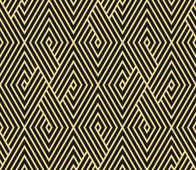 Abstraktes geometrisches Muster mit Streifen, Linien. Nahtloser Vektorhintergrund. Gold und schwarze Verzierung. Einfaches Gittergrafikdesign