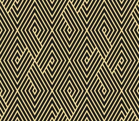 Sierkussen Abstract geometrisch patroon met strepen, lijnen. Naadloze vectorachtergrond. Goud en zwart ornament. Eenvoudig rooster grafisch ontwerp © ELENA