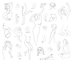Collection. Silhouettes of the figure of a girl a in a modern one-line style. Solid line, aesthetic outline for home decor, posters, stickers, logo. Vector illustration set.