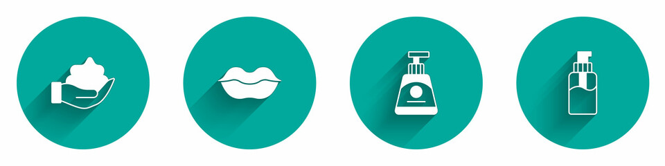 Set Shaving foam on hand, Smiling lips, Cream or lotion cosmetic tube and Bottle of liquid soap icon with long shadow. Vector