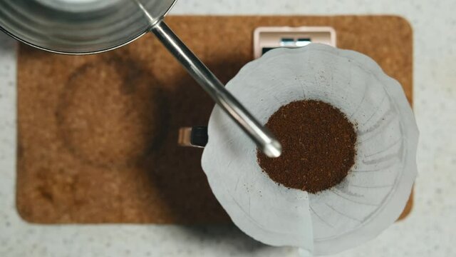 Top view footage of preparing filter coffee, your dose of cafeine.