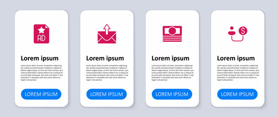 Set Human and money, Stacks paper cash, Mail e-mail and Advertising. Business infographic template. Vector